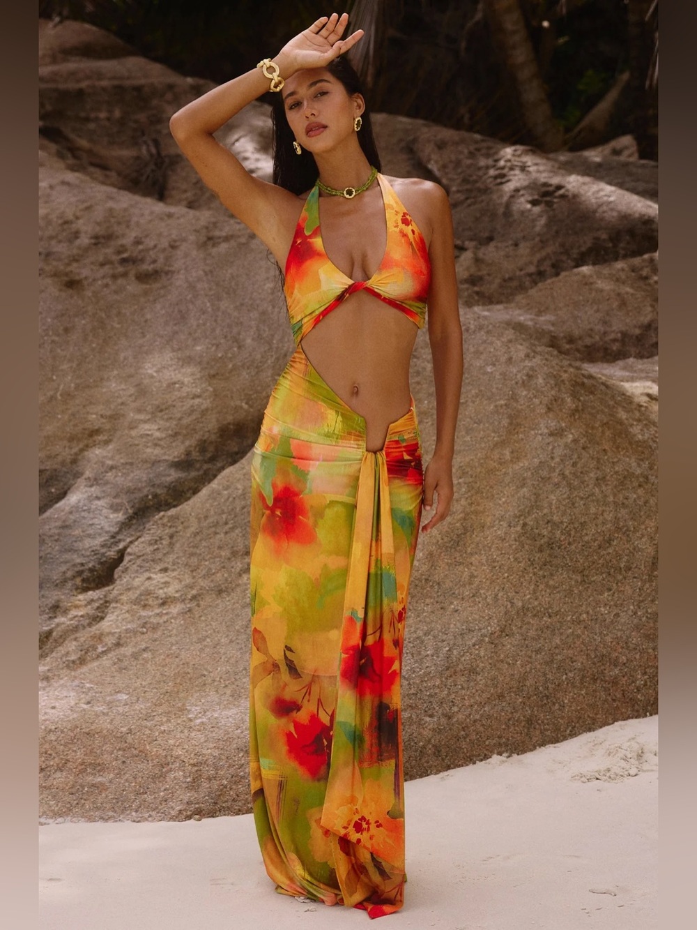 ByDee AMANI JERSEY MAXI DRESS IN SOLARA size small Orange cut out tropical maxi